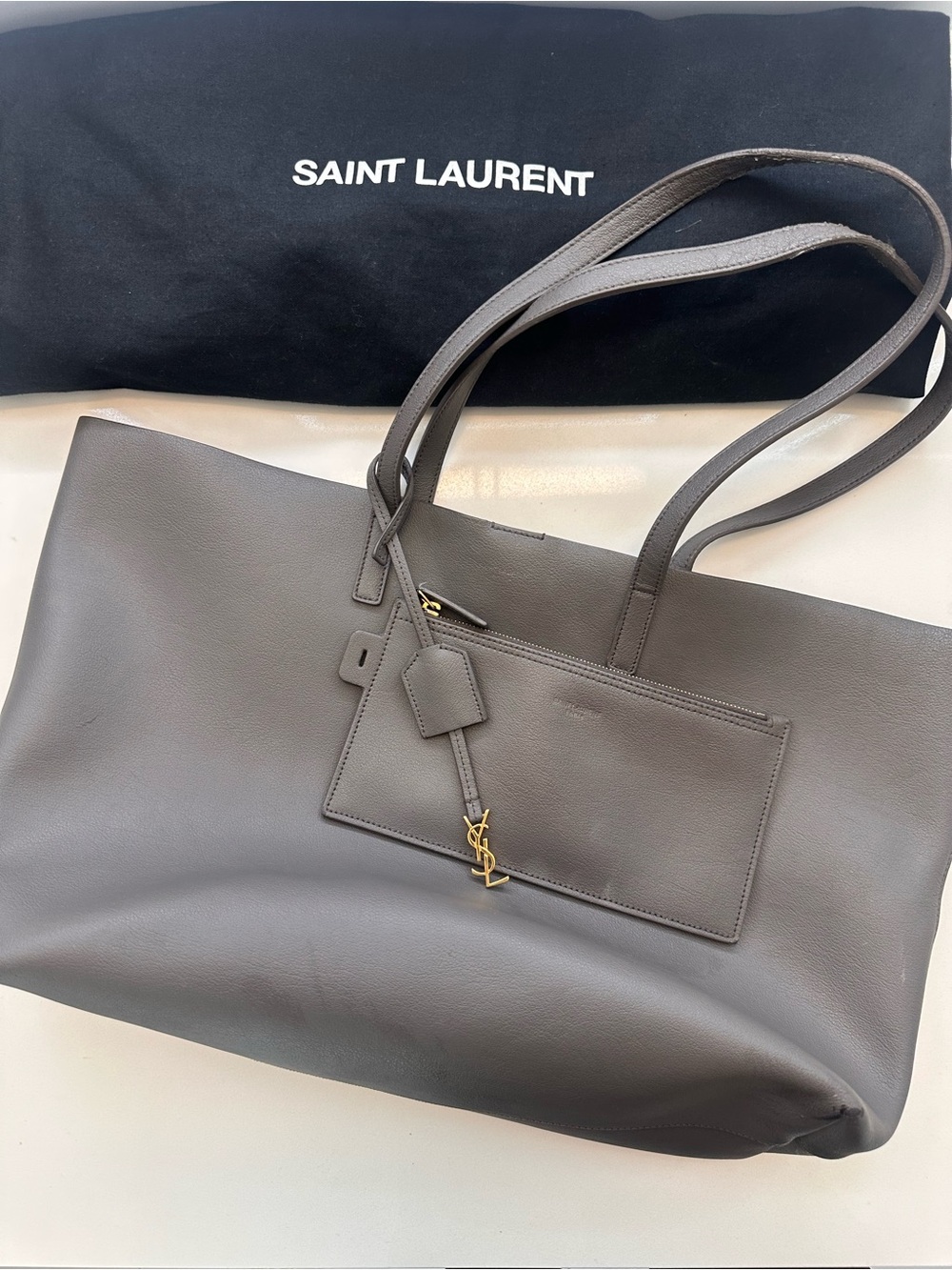 Saint Laurent Taupe Leather Tote with Gold YSL Charm